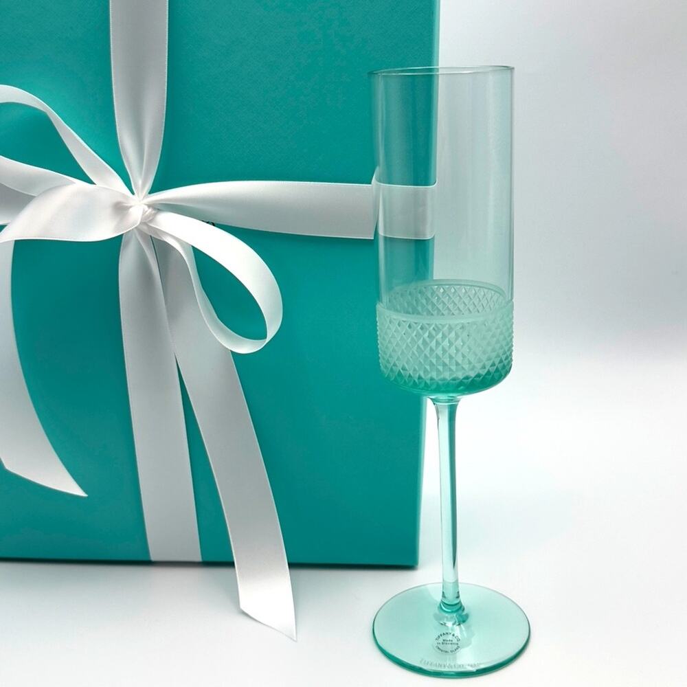 Tiffany & Co. Blue Diamond Point Flute Crystal Champagne Slovenia Glass W/ Box
